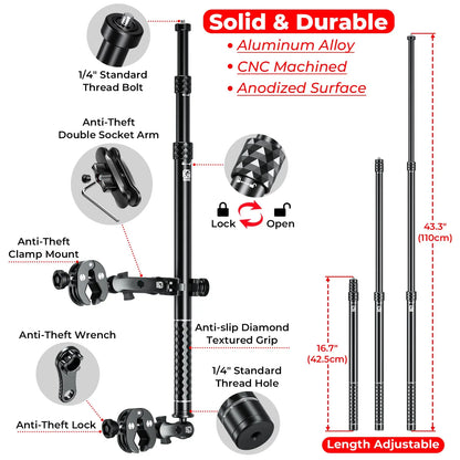 Ultimate Aluminum Motorcycle Camera Mount Kit - Heavy Duty, Anti-Vibration & Anti-Theft for Action Cameras